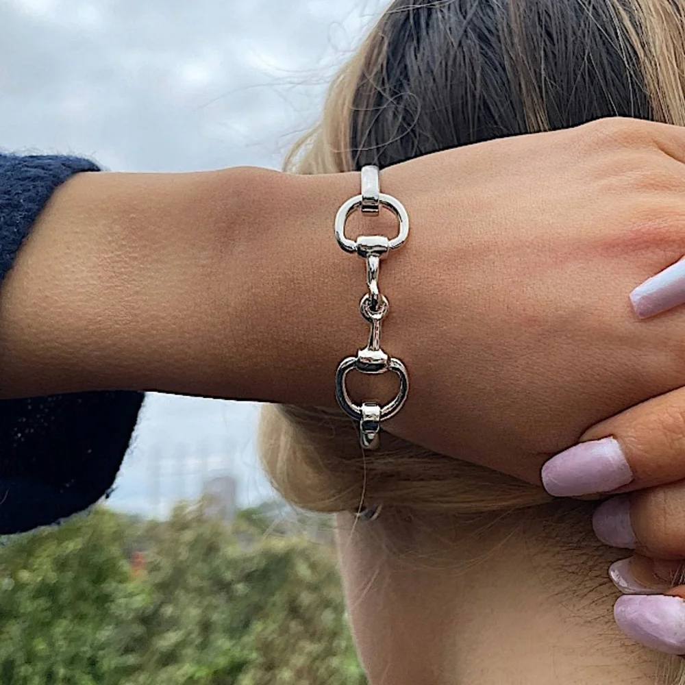 Sterling Silver HorseBit Design Unisex Bangle Bracelet - Picture 3 of 11